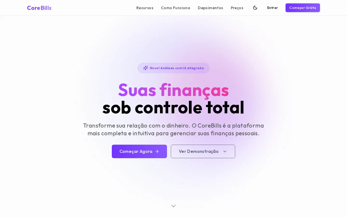 Página inicial do CoreBills: suas finanças sob controle total